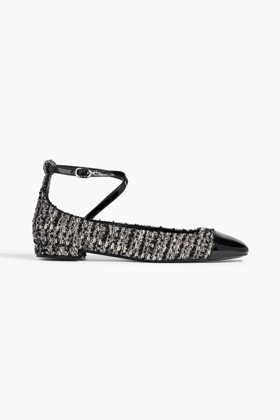 Stuart Weitzman Eden Metallic Tweed And Patent-leather Flats In Black