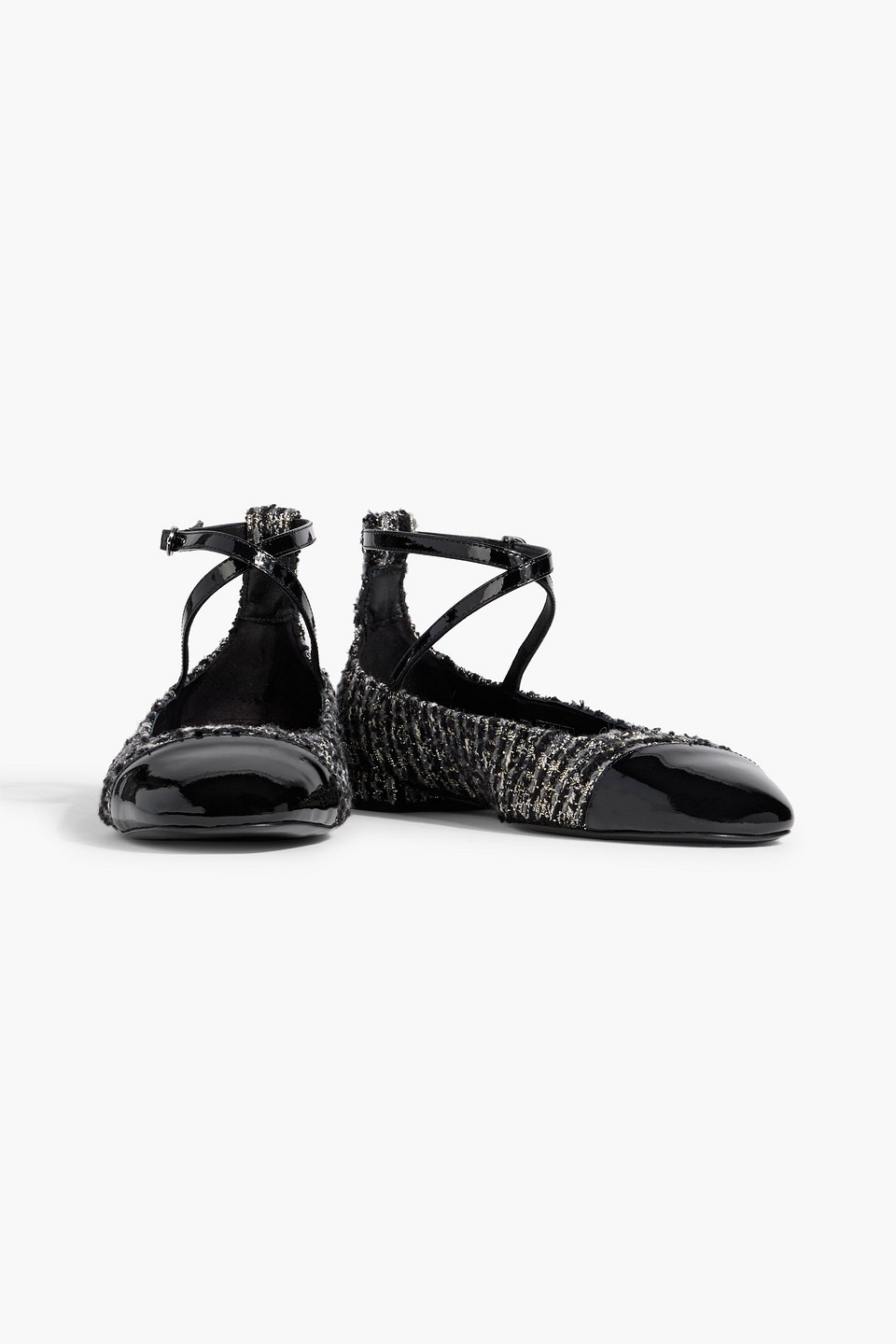 Stuart Weitzman Eden Metallic Tweed And Patent-leather Flats In Black