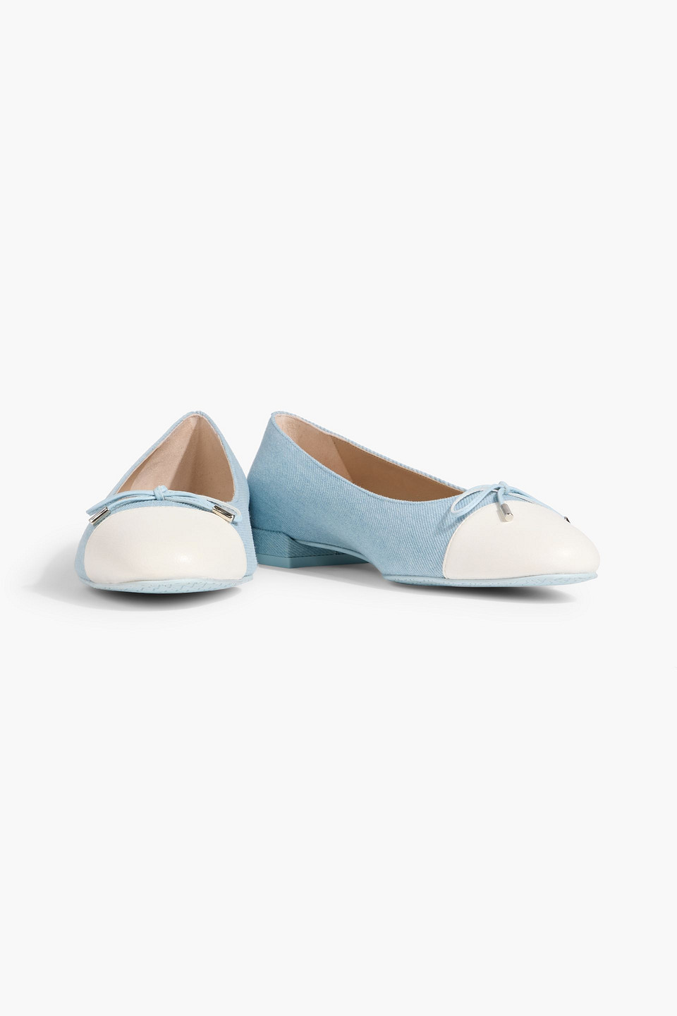 Stuart Weitzman Sleek Bow Leather-trimmed Denim Ballet Flats In Blue