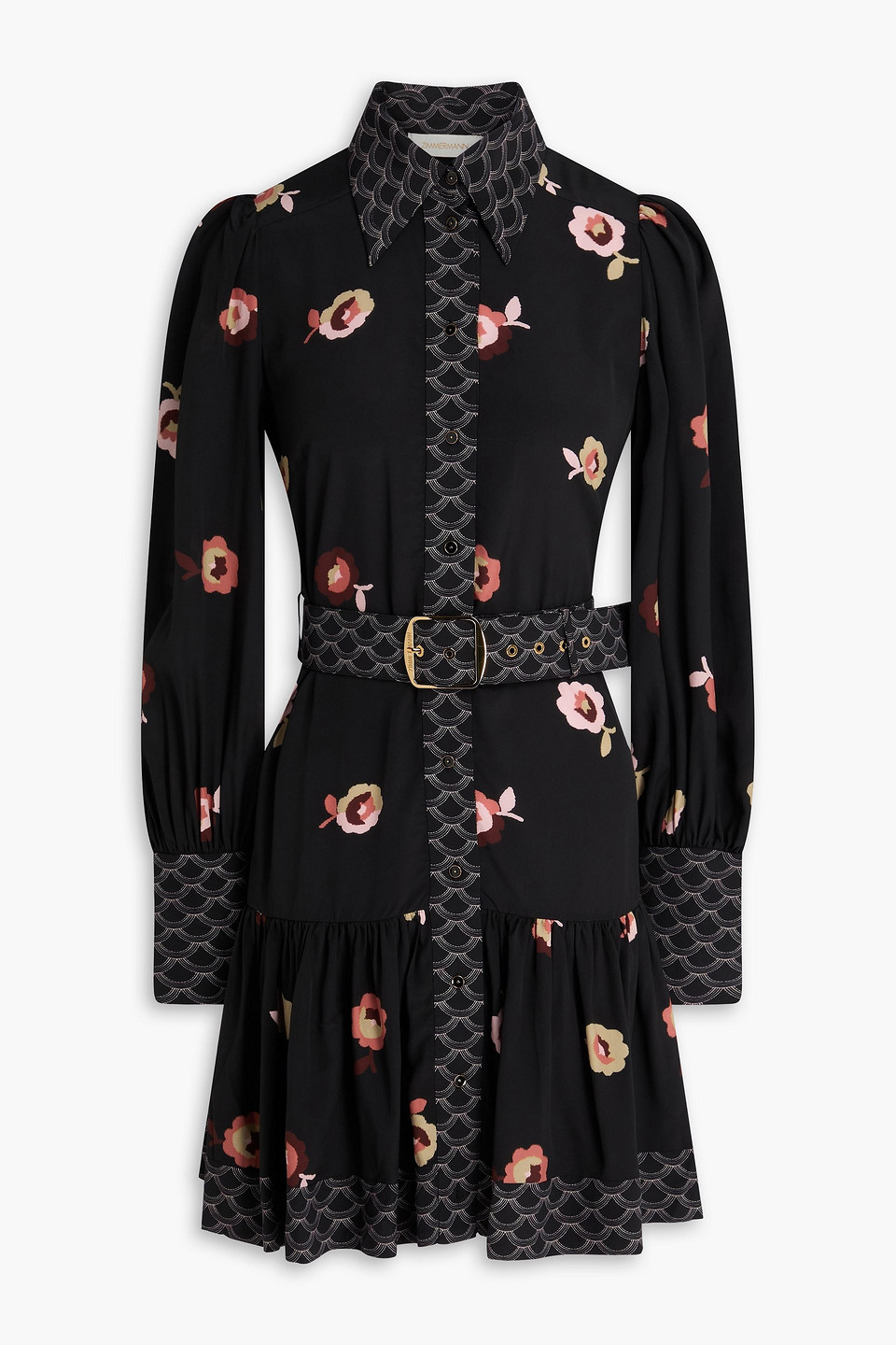 zimmermann - belted pussy-bow printed crepe de chine mini shirt dress - black - 2