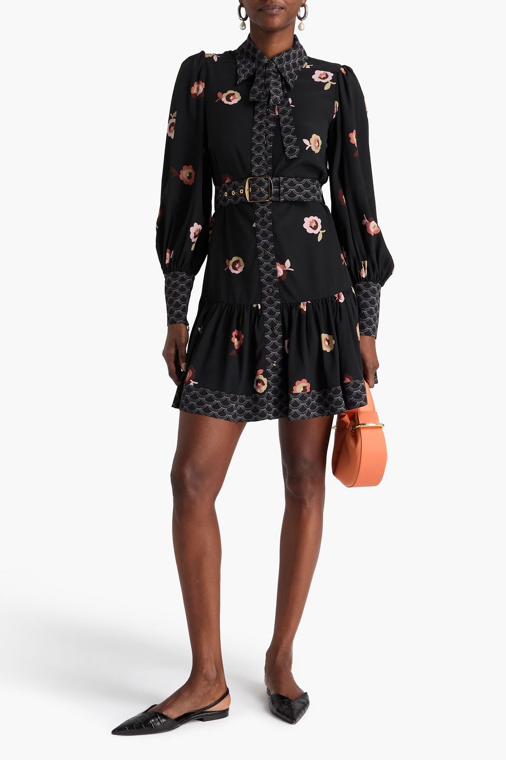 ZIMMERMANN クレープデシン ミニシャツワンピース ベルト付き リボンタイ プリント入り