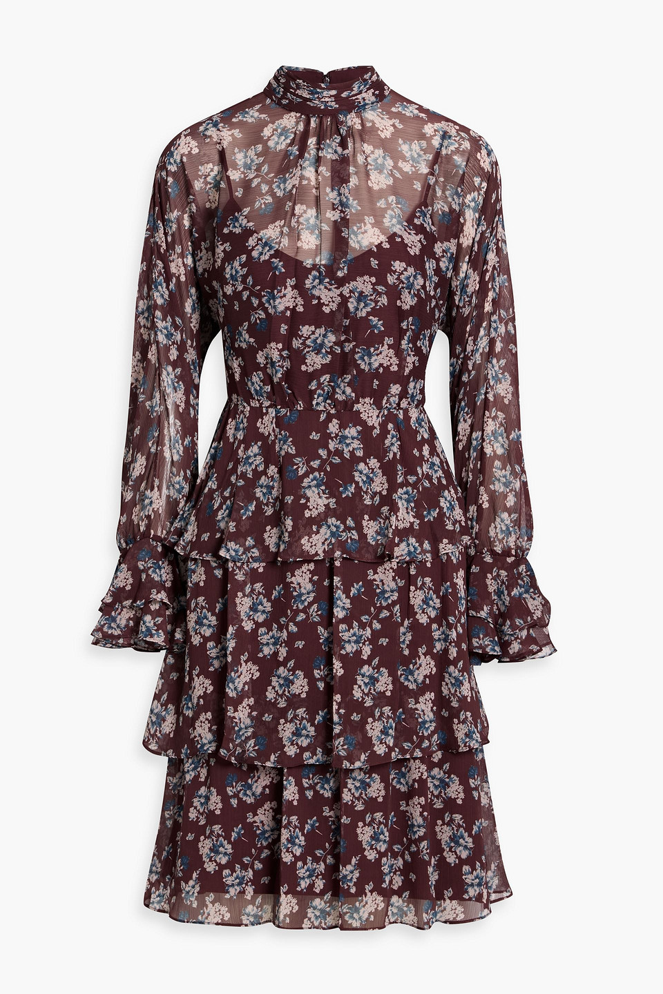 Mikael Aghal Tiered Floral-print Georgette Dress In Burgundy