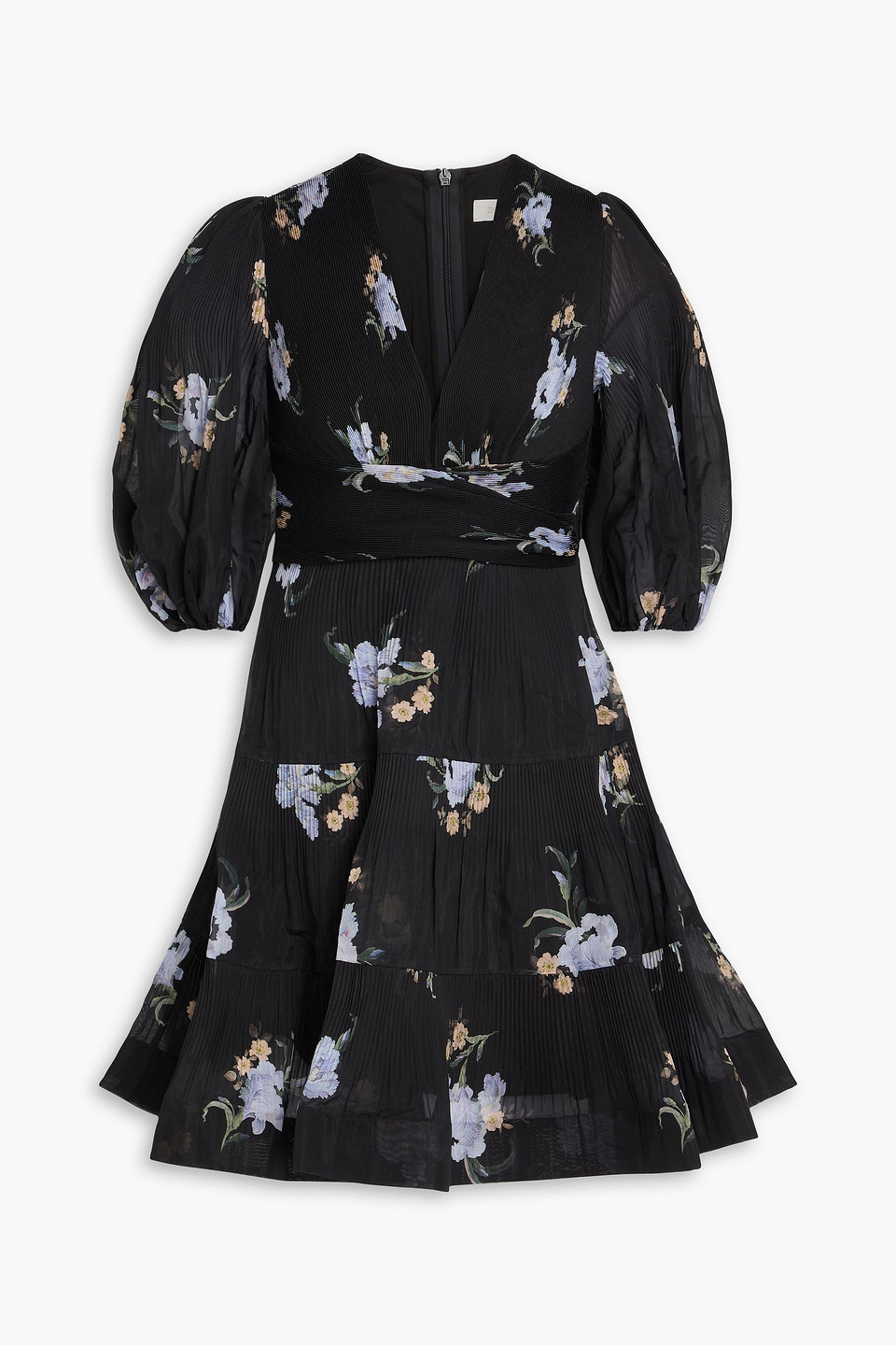 zimmermann - floral-print plissé-organza mini dress - black - 00