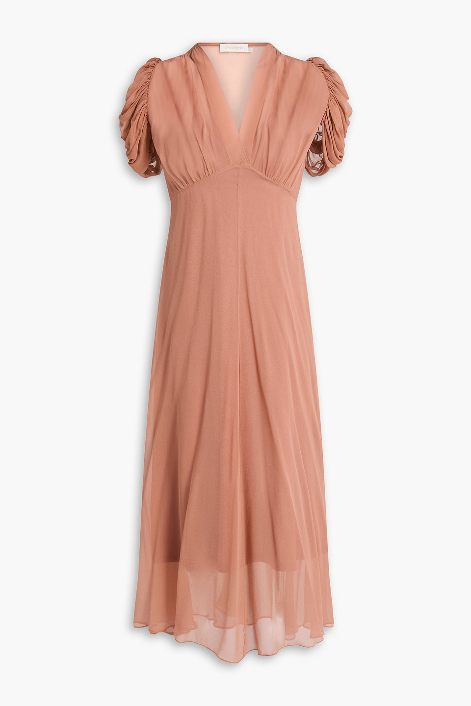 Zimmermann Gathered Silk-chiffon Midi Dress In Brown