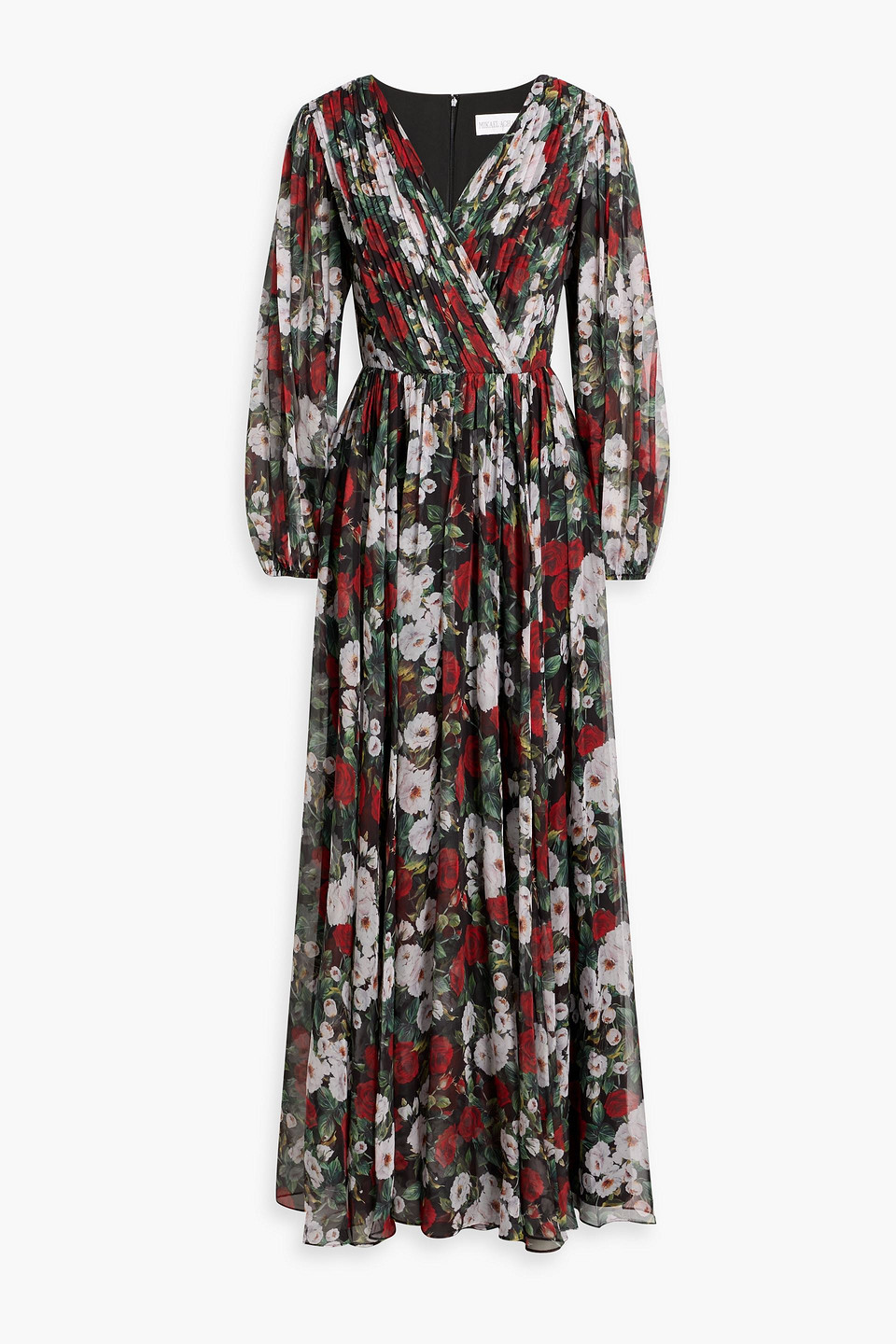 Mikael Aghal Pleated Floral-print Organza Maxi Dress In Multi