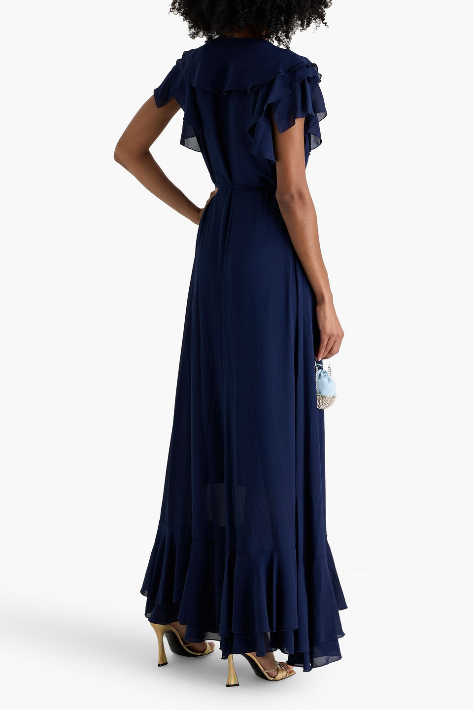 Mikael Aghal Ruffled Crepe De Chine Gown In Blue