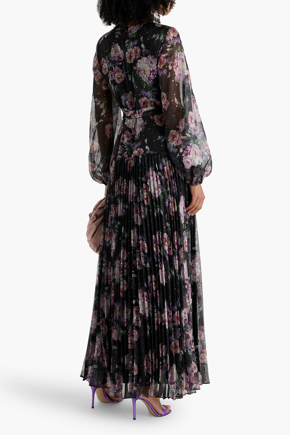 Mikael Aghal Pleated Floral-print Metallic Fil Coupé Chiffon Maxi Dress In Black