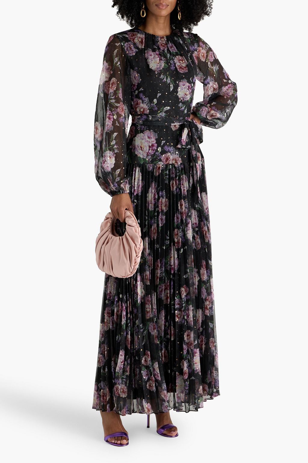 MIKAEL AGHAL Pleated floral-print metallic fil coupé chiffon maxi dress