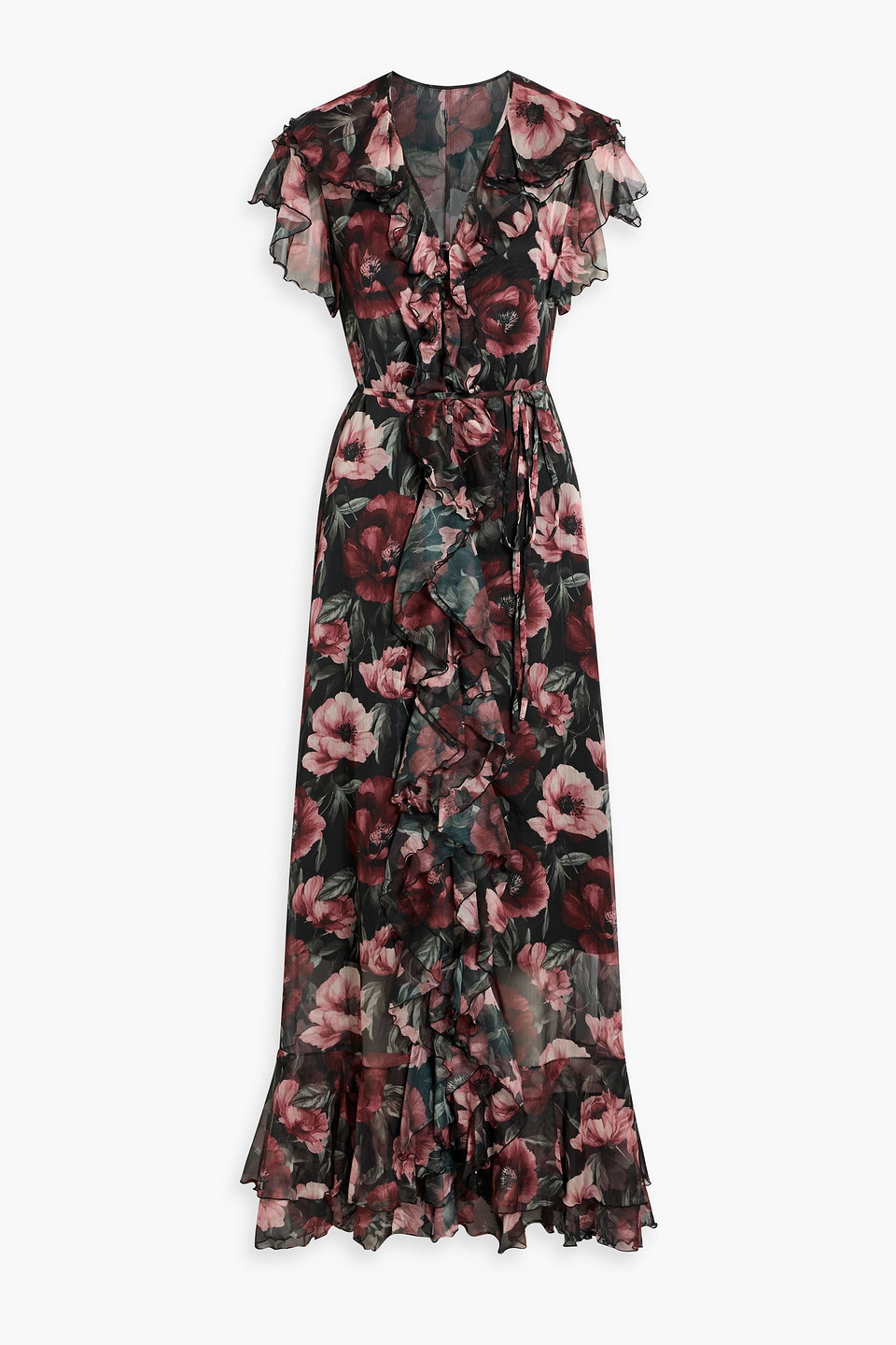 Mikael Aghal Ruffled Floral-print Georgette Maxi Dress In Brown