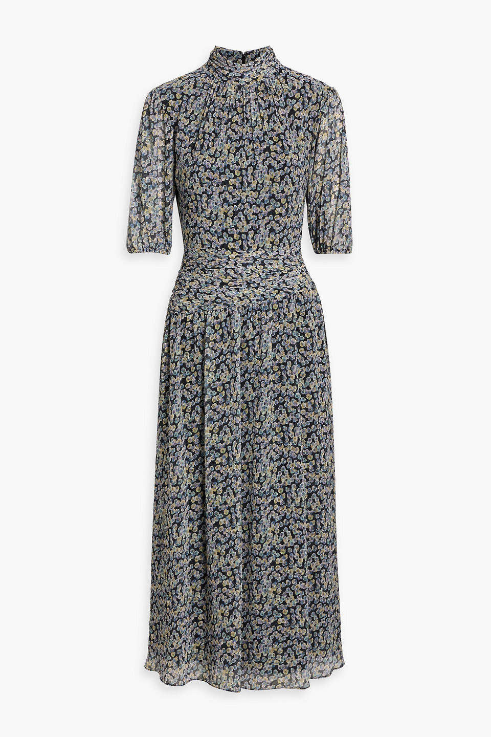 Mikael Aghal Gathered Floral-print Chiffon Midi Dress In Gray