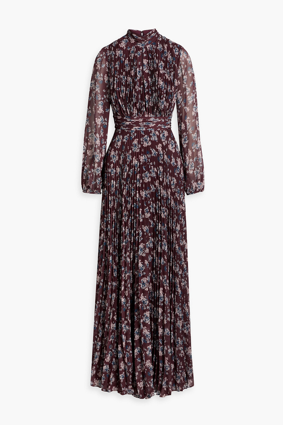 Mikael Aghal Pleated Floral-print Georgette Gown In Burgundy