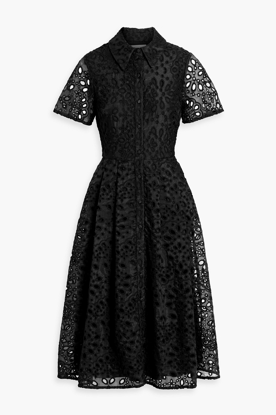 Mikael Aghal Pleated Broderie Anglaise Organza Midi Shirt Dress In Black