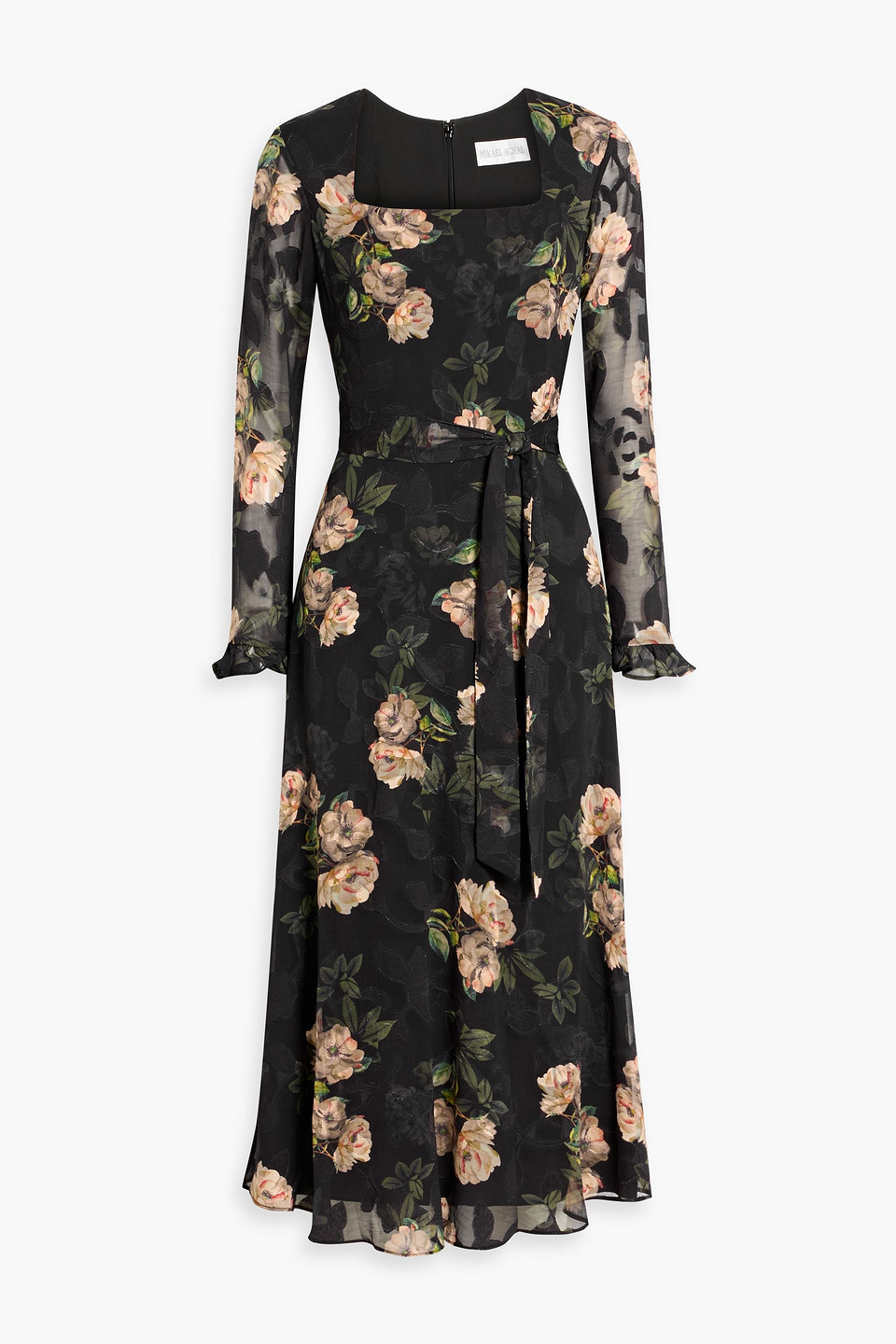 Mikael Aghal Floral-print Fil Coupé Chiffon Midi Dress In Black