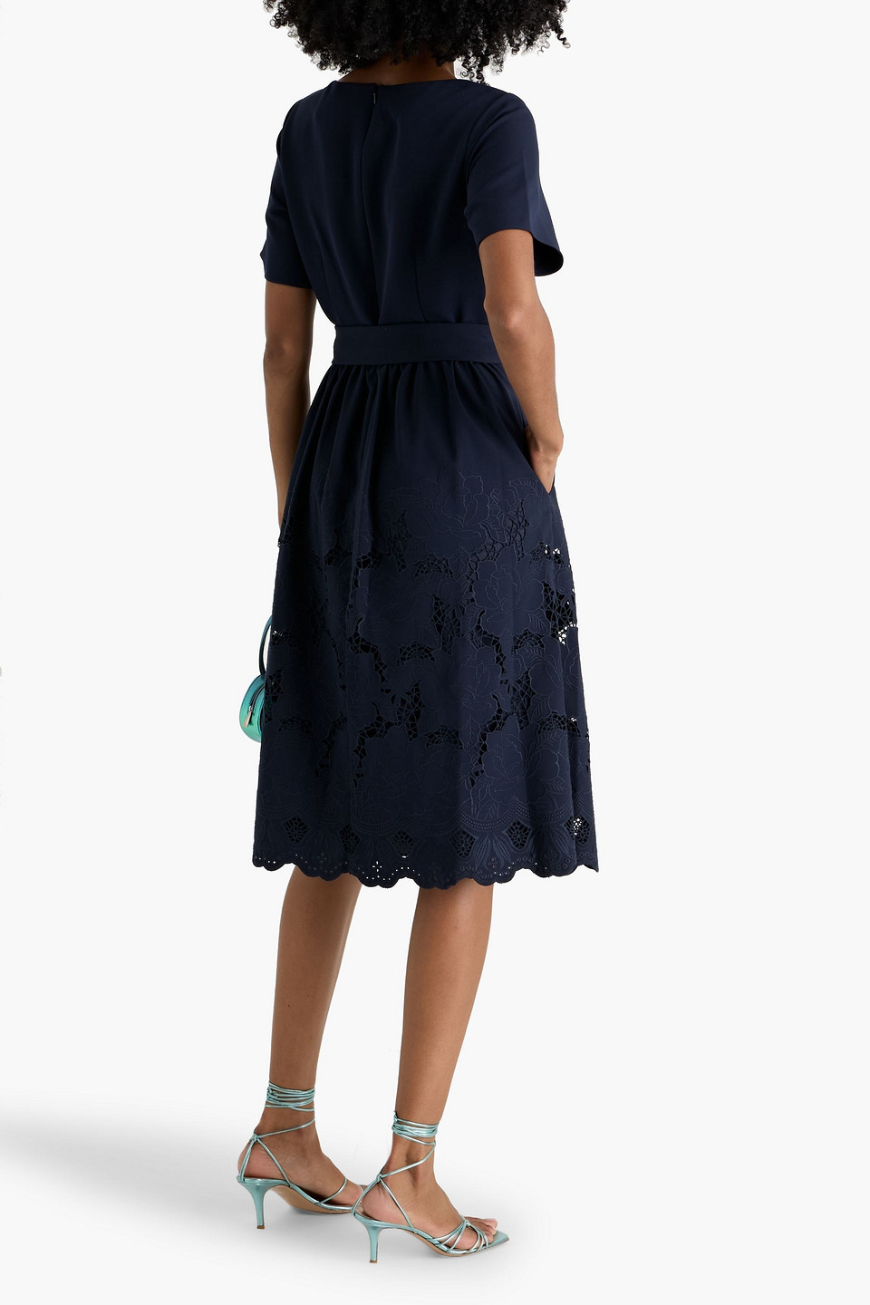 Mikael Aghal Belted Guipure Lace And Crepe Midi Dress In Blue