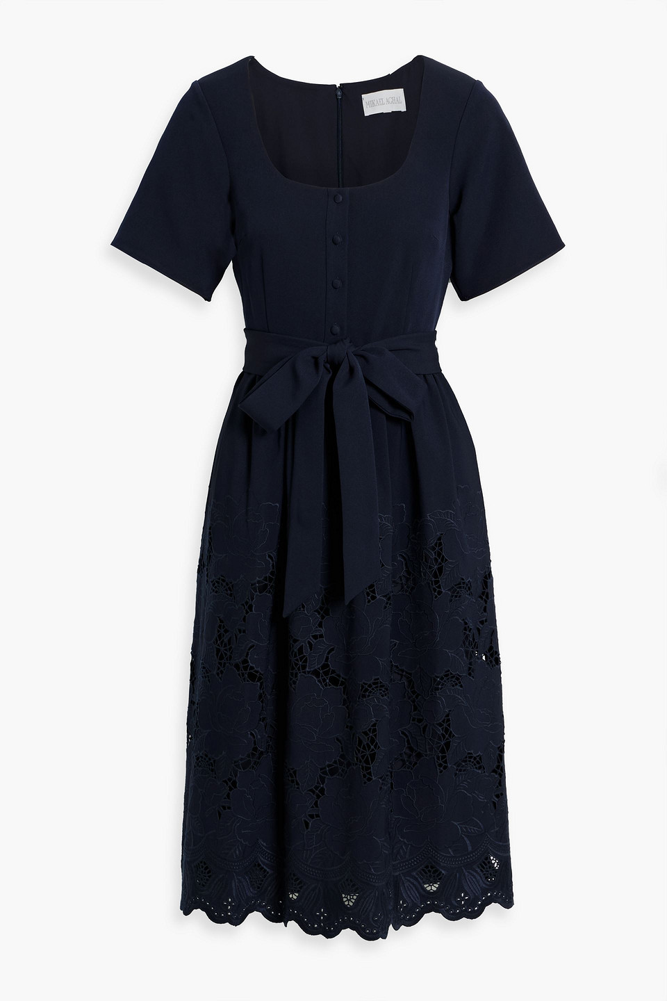Mikael Aghal Belted Guipure Lace And Crepe Midi Dress In Blue