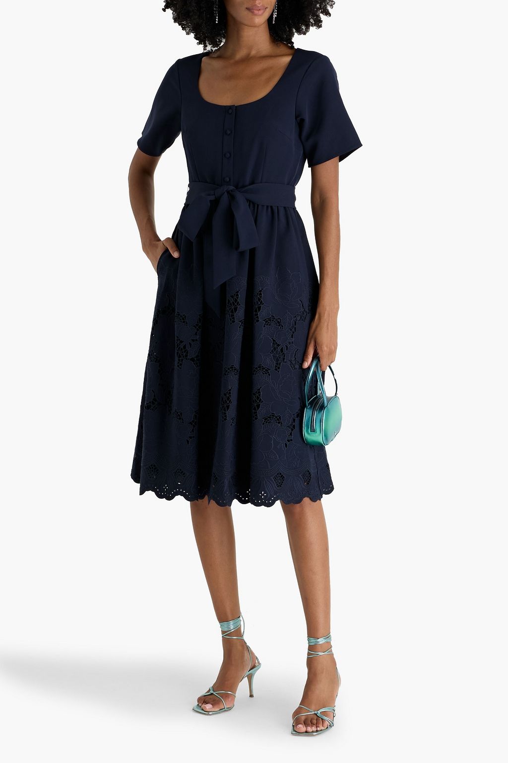 MIKAEL AGHAL Belted guipure lace and crepe midi dress
