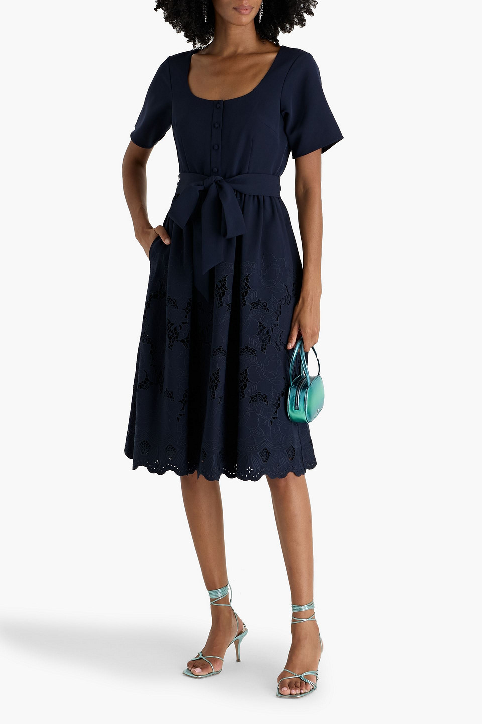 Mikael Aghal Belted Guipure Lace And Crepe Midi Dress In Blue