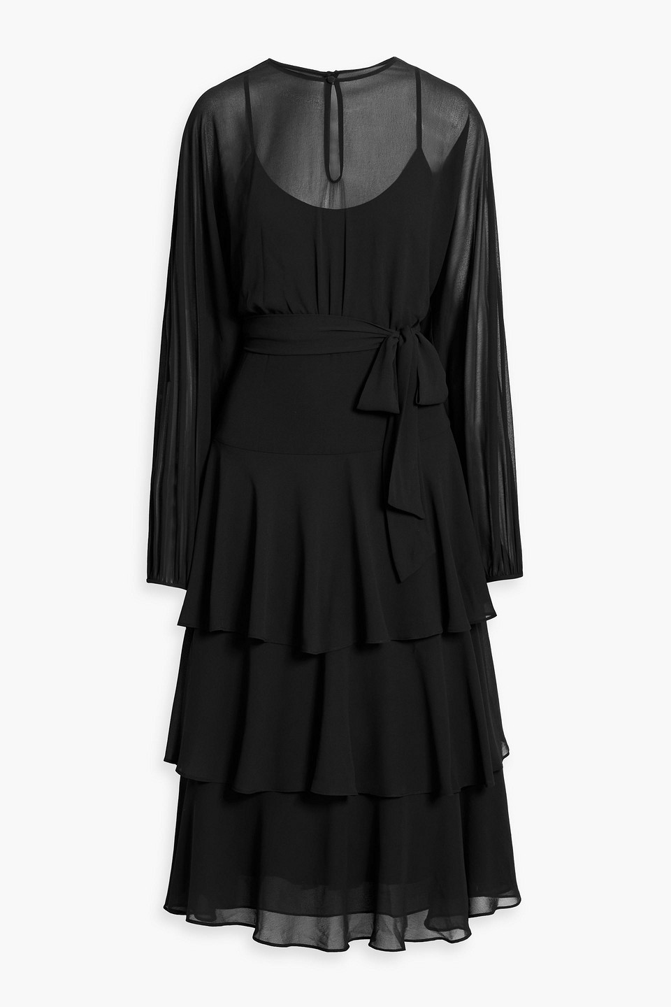 Mikael Aghal Tiered Chiffon Midi Dress In Black