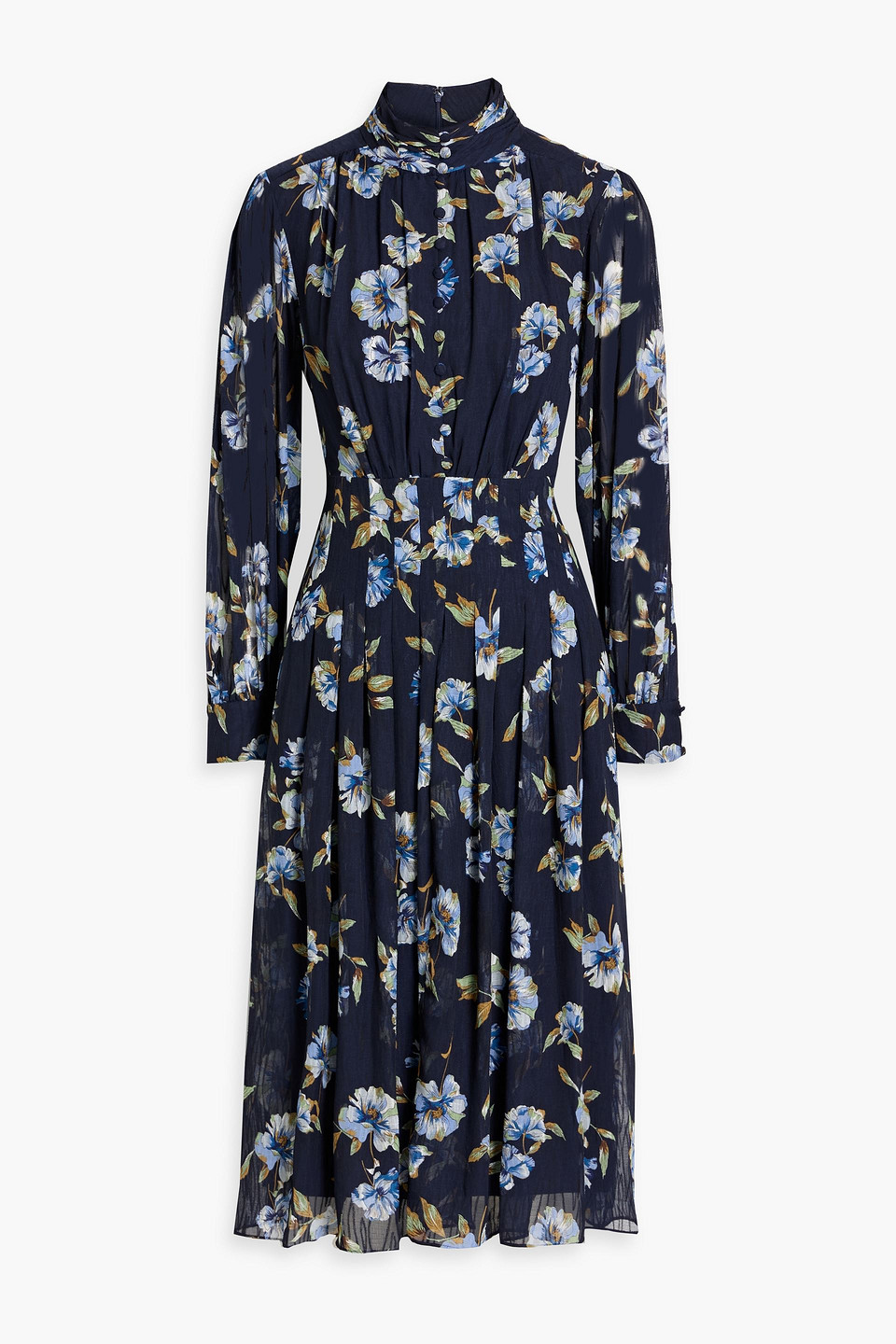 Mikael Aghal Pleated Floral-print Jacquard Midi Dress In Blue