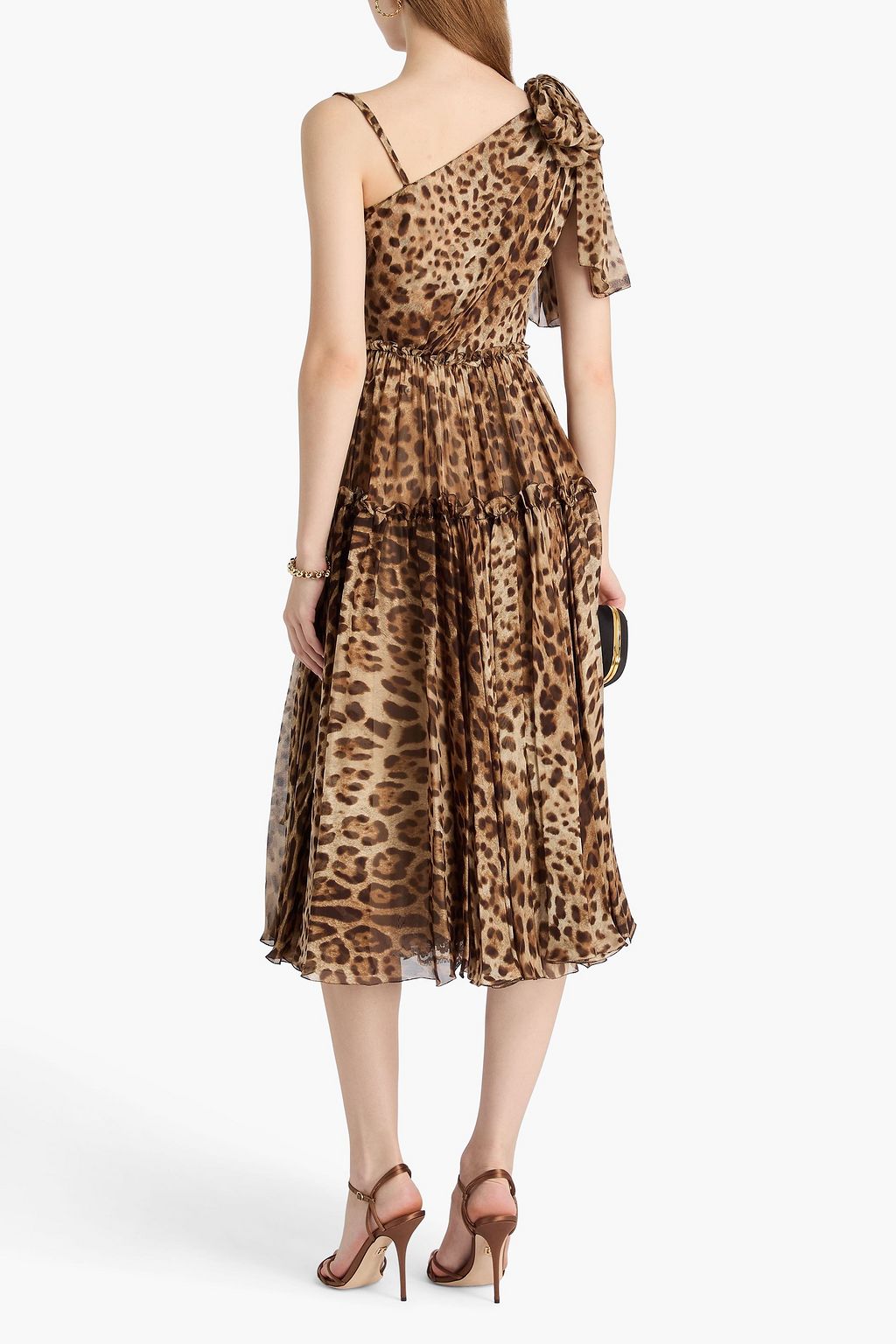 DOLCE&GABBANA One-shoulder bow-detailed leopard-print silk-chiffon midi dress