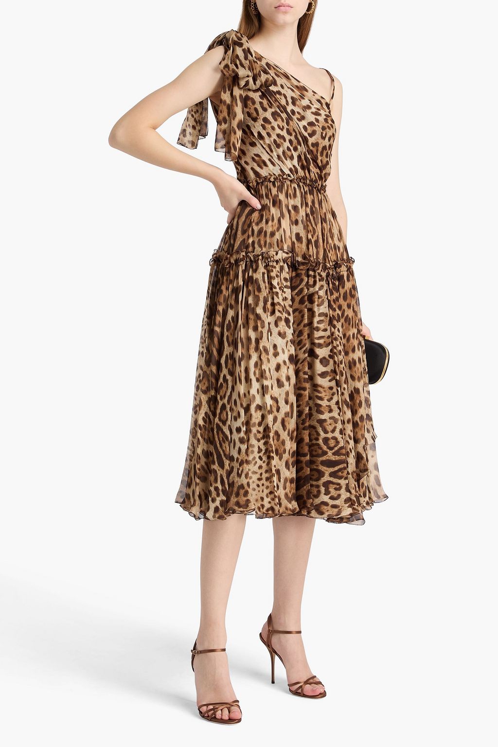DOLCE&GABBANA One-shoulder bow-detailed leopard-print silk-chiffon midi dress