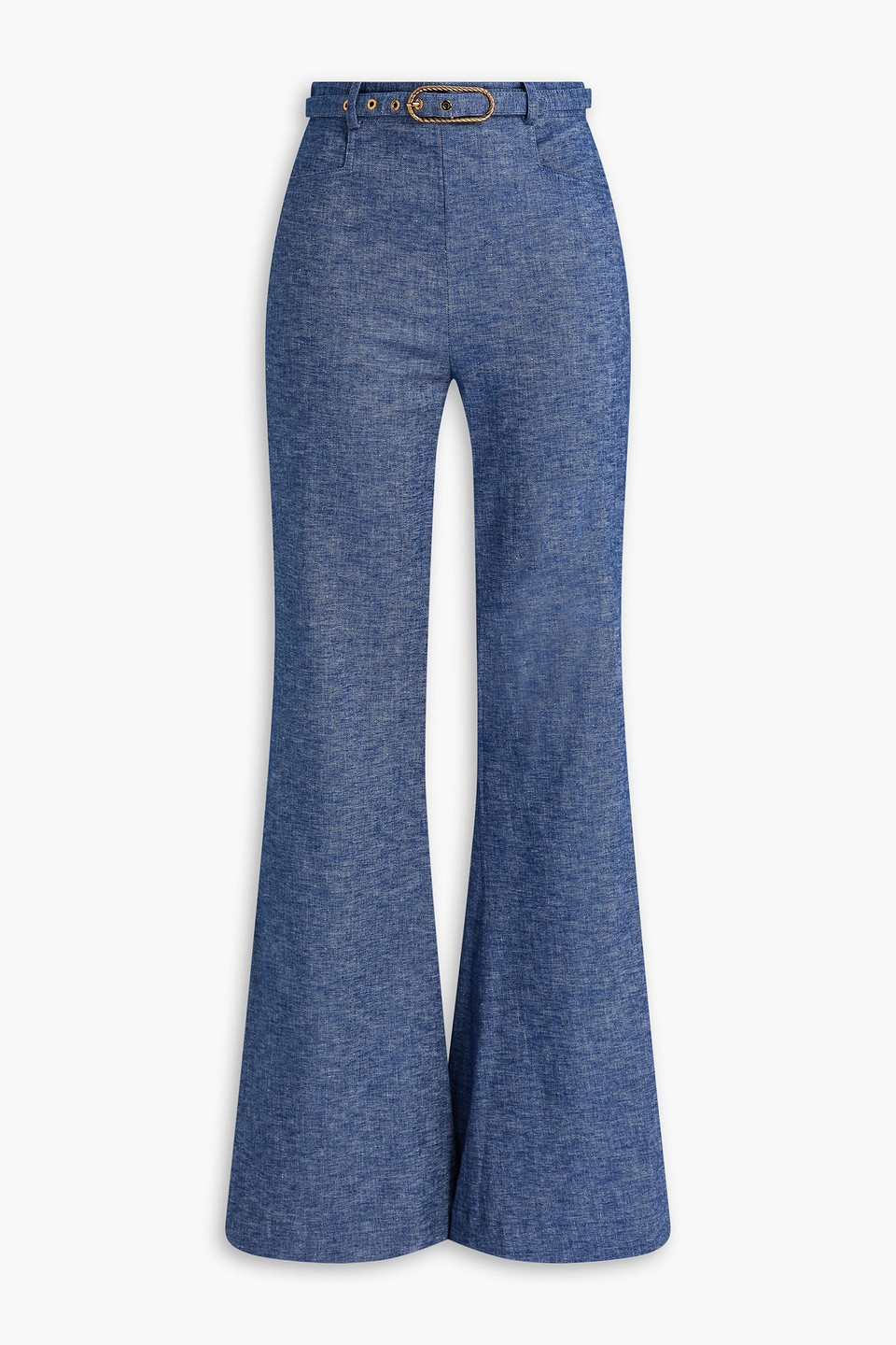 zimmermann - belted linen-blend chambray flared pants - blue - 00