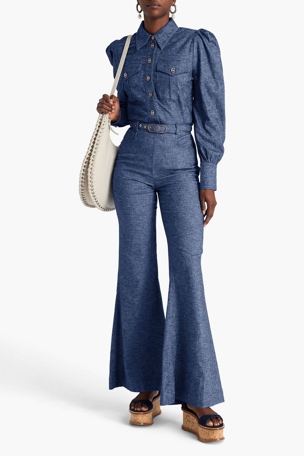 ZIMMERMANN Belted linen-blend chambray flared pants