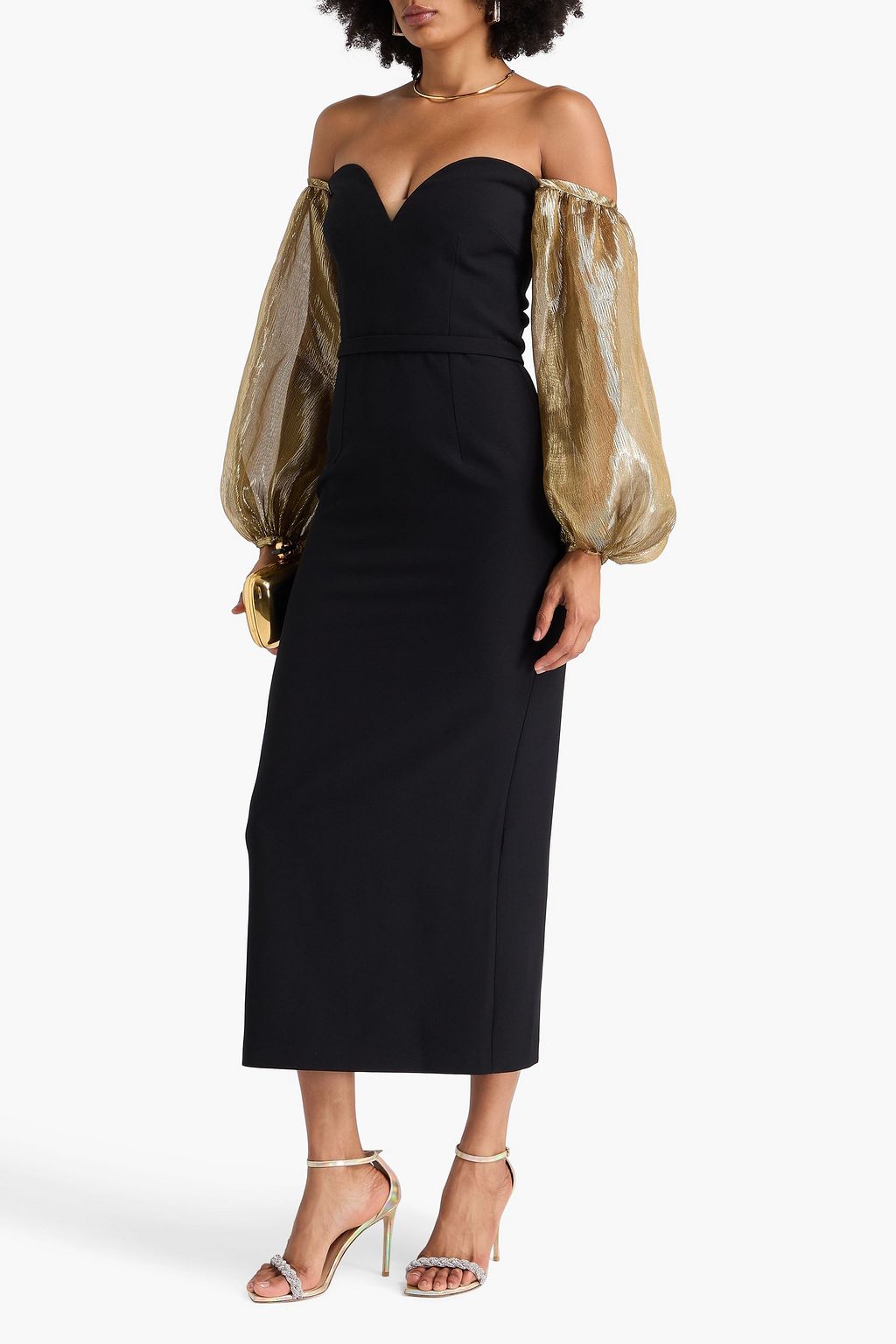 SAFIYAA Aurelis off-the-shoulder lamé-paneled crepe midi dress