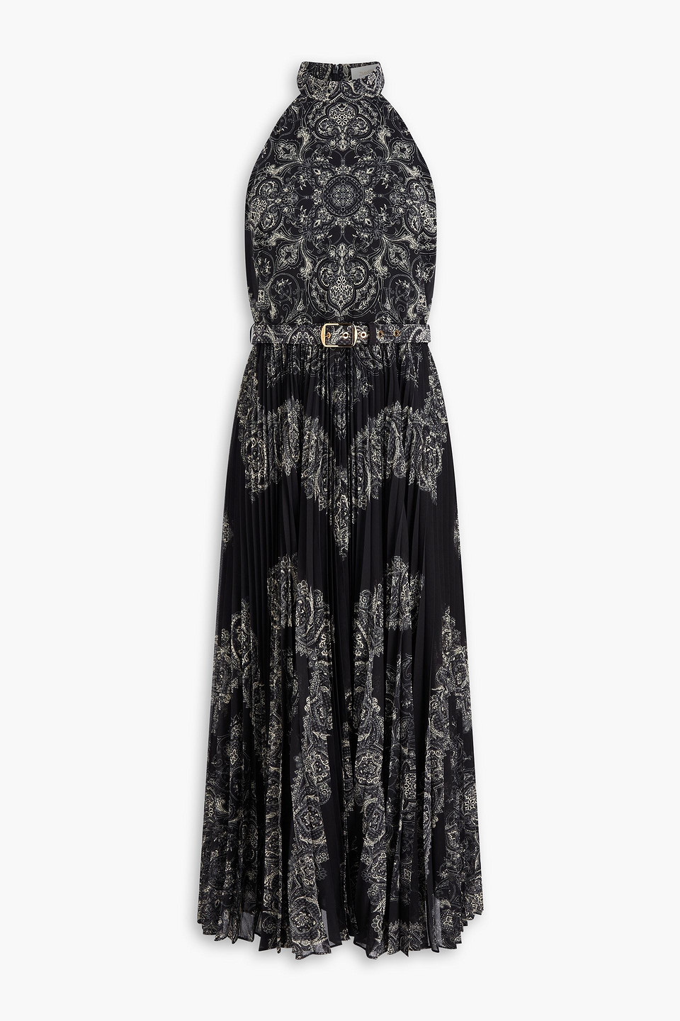 Zimmermann Belted Pleated Paisley-print Crepe De Chine Maxi Dress In Black