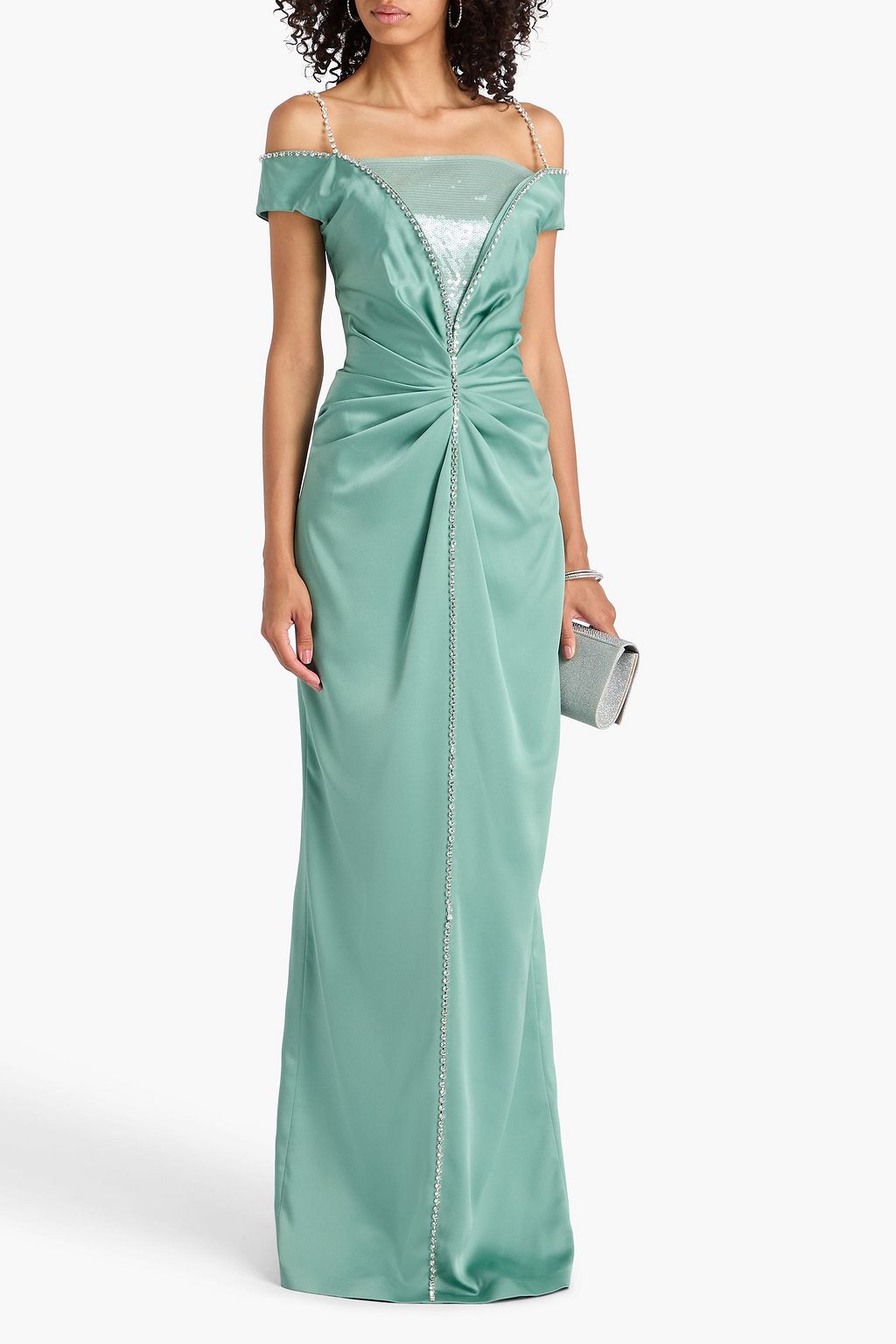 SAFIYAA Keegan cold-shoulder embellished satin-crepe gown