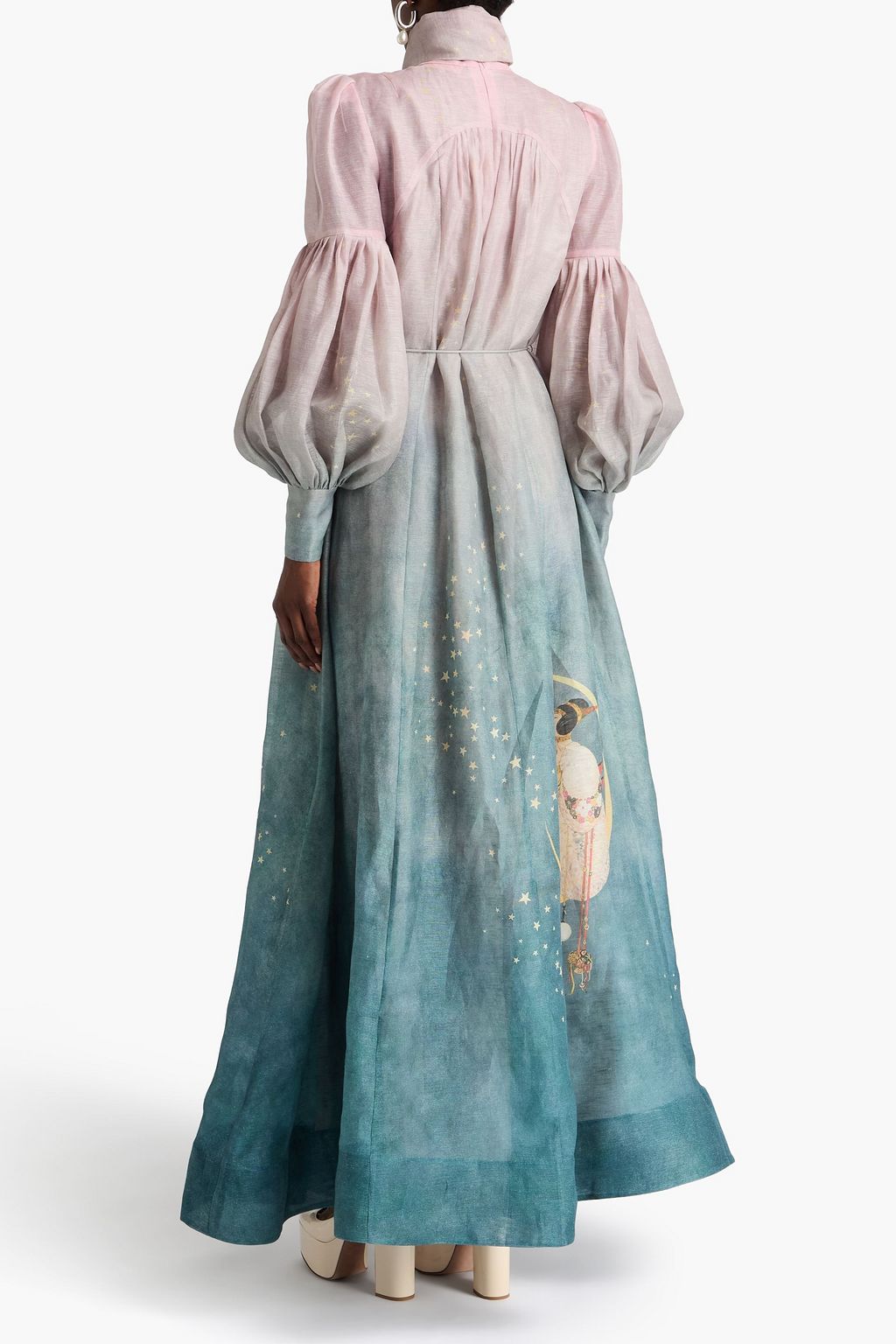 ZIMMERMANN リネン&シルク混オーガンザ ロングドレス リボンタイ プリント入り