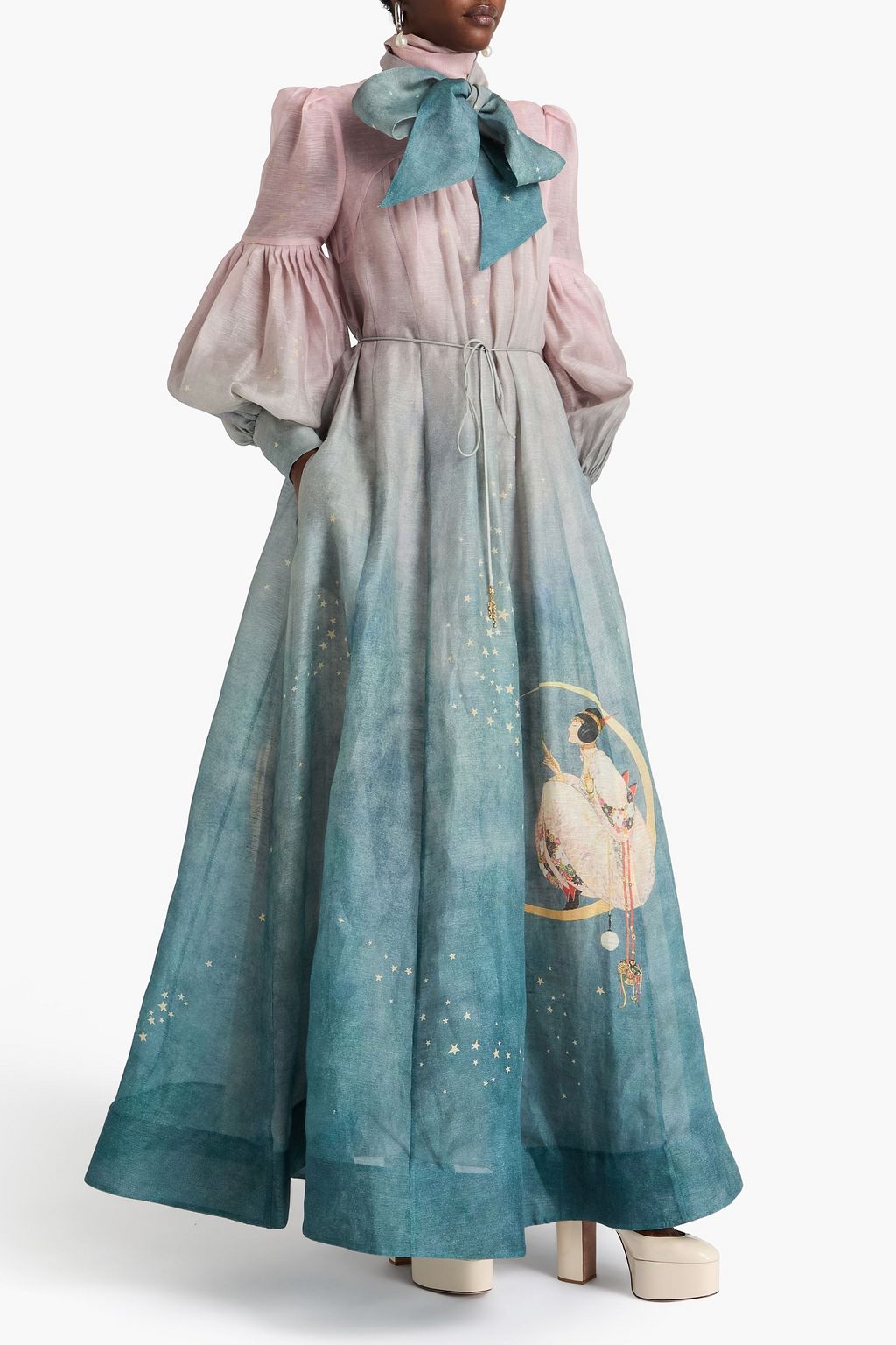 ZIMMERMANN リネン&シルク混オーガンザ ロングドレス リボンタイ プリント入り