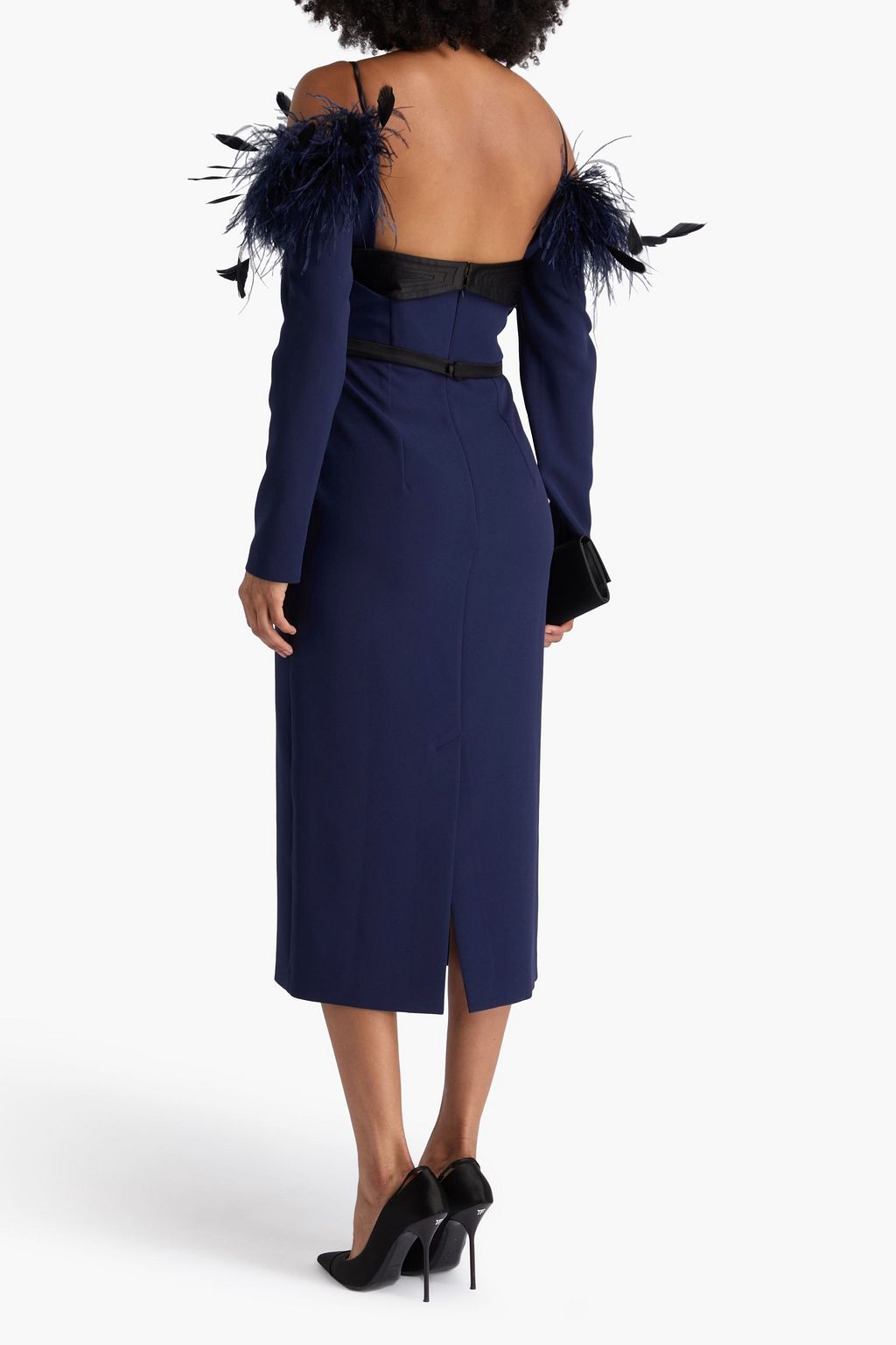 SAFIYAA Vittoria cold-shoulder belted feather-embellished crepe midi dress