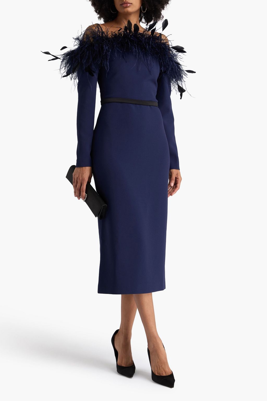 SAFIYAA Vittoria cold-shoulder belted feather-embellished crepe midi dress