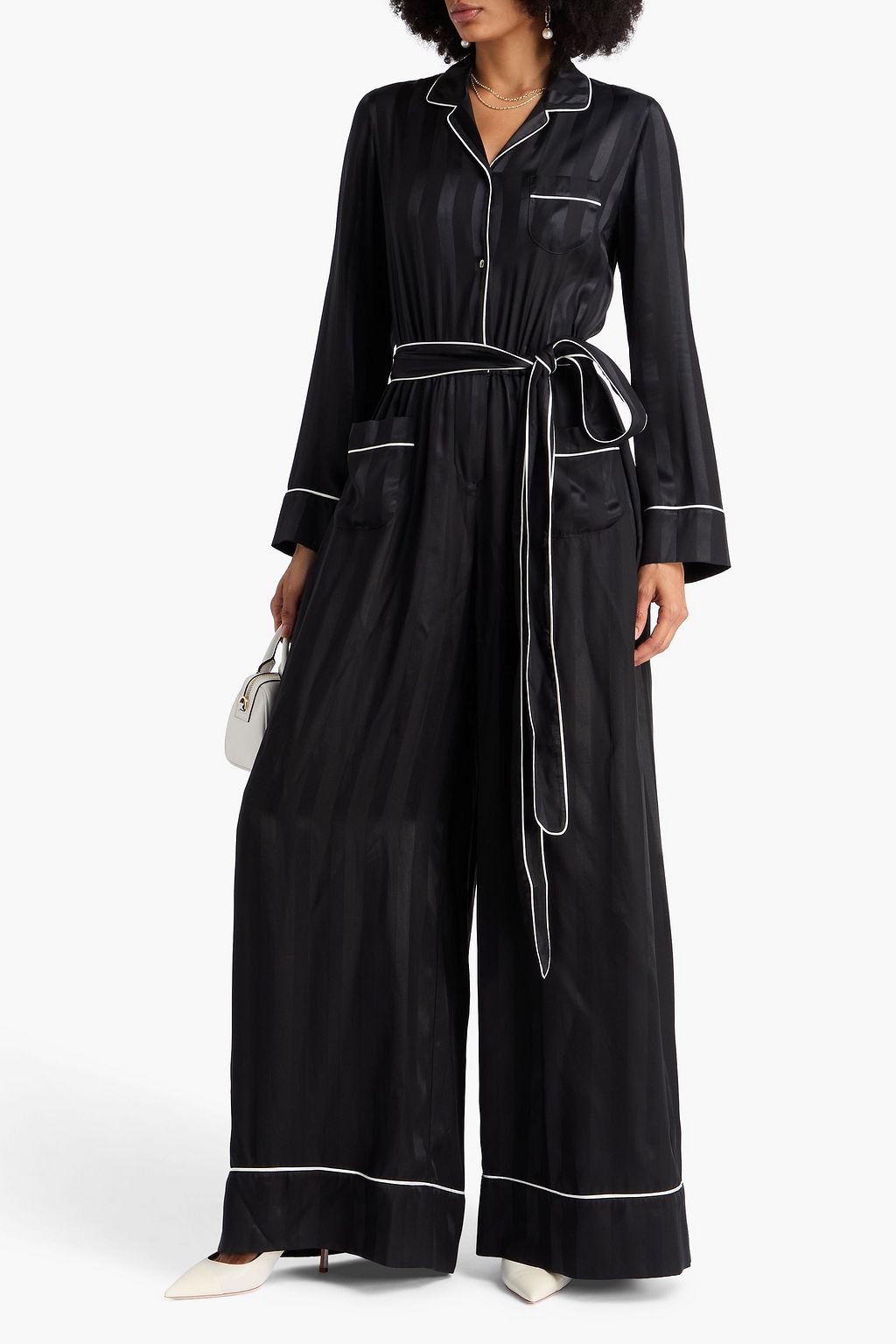 DOLCE&GABBANA Belted striped silk-satin jacquard jumpsuit