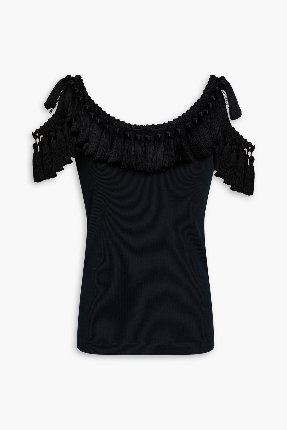 DOLCE & GABBANA COLD-SHOULDER TASSELED RIBBED COTTON-JERSEY TOP