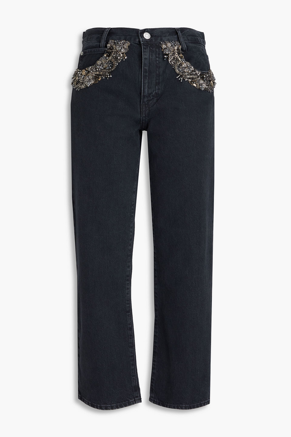 frame - the beaded hang embellished mid-rise straight-leg jeans - black - 27