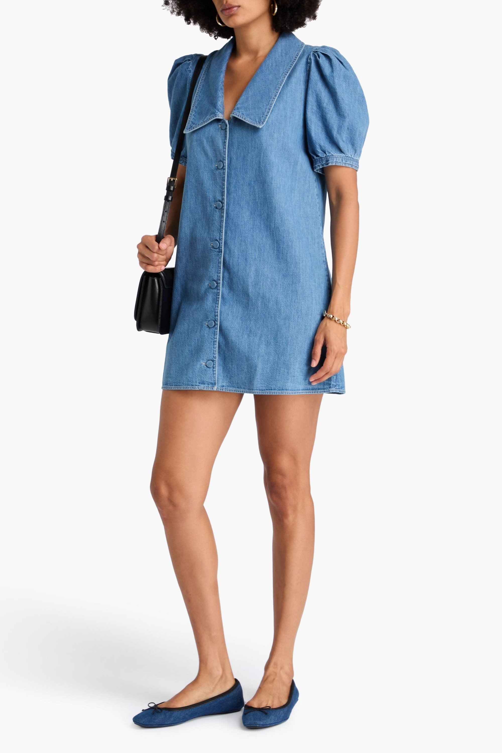 white christmas dresses FRAME Denim Exaggerated Puff Long Sleeved Denim Dress XS – LA Style Inspo main image 1