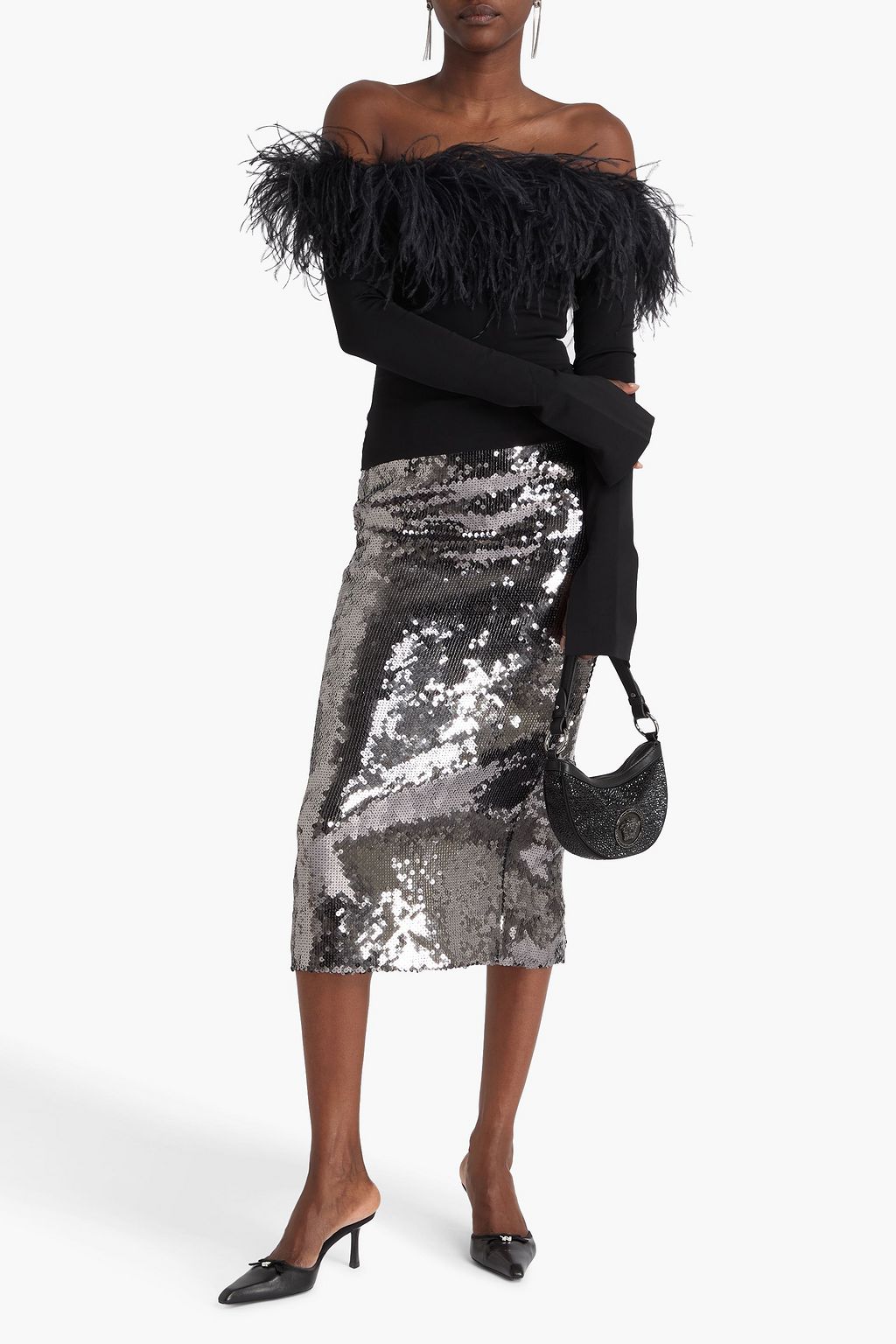 16ARLINGTON Orion off-the-shoulder feather-embellished stretch-jersey top