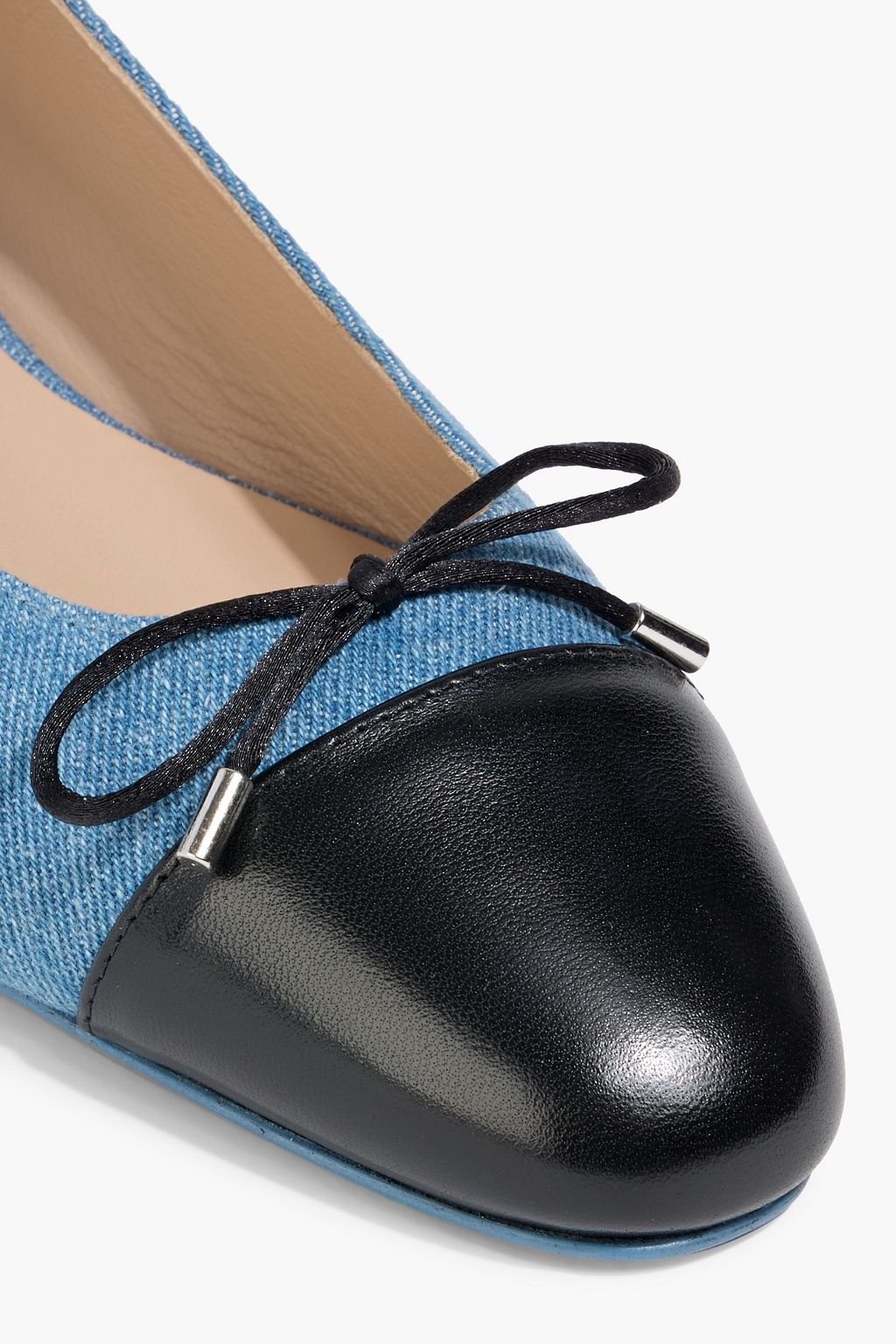 STUART WEITZMAN Sleek Bow leather-trimmed denim ballet flats