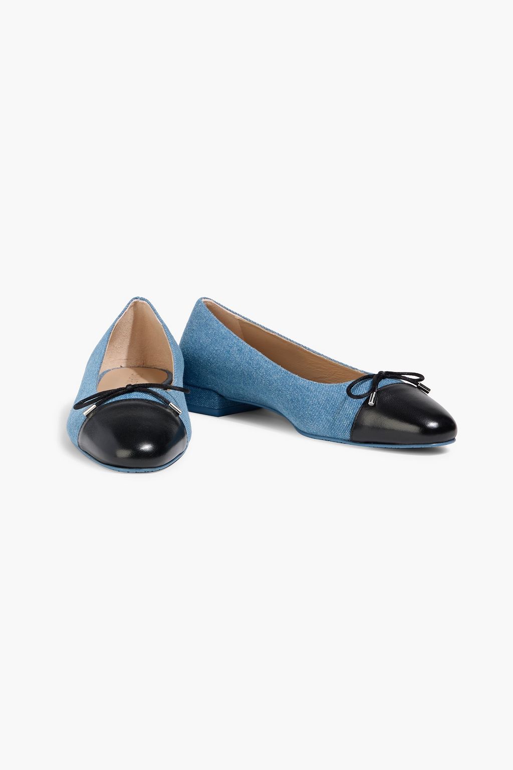 STUART WEITZMAN Sleek Bow leather-trimmed denim ballet flats