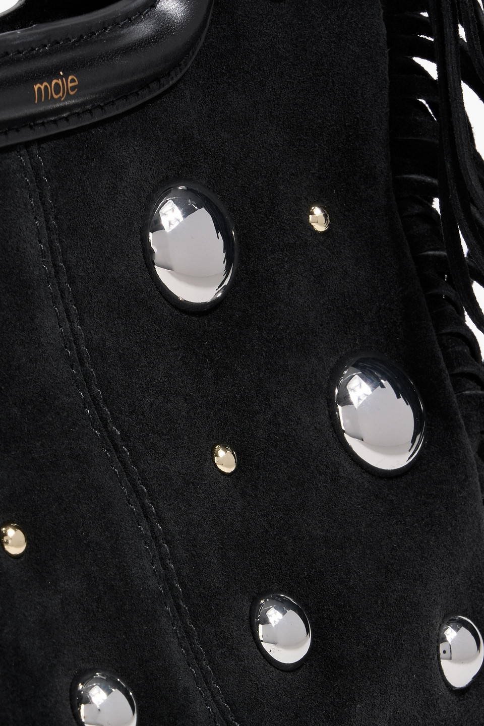 Maje Studded Fringed Suede Tote In Black
