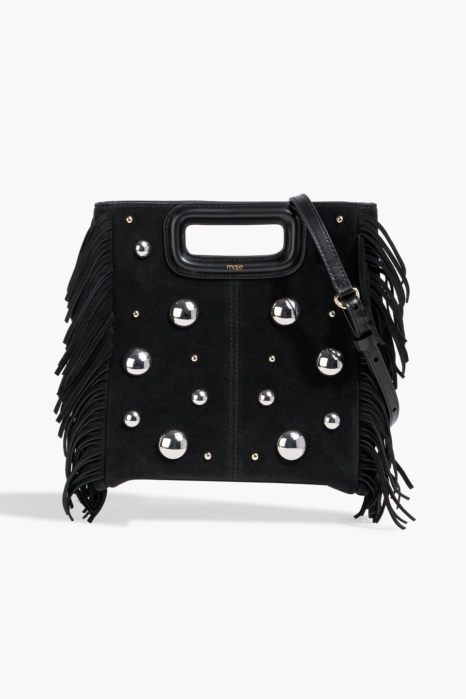 Maje Studded Fringed Suede Tote In Black