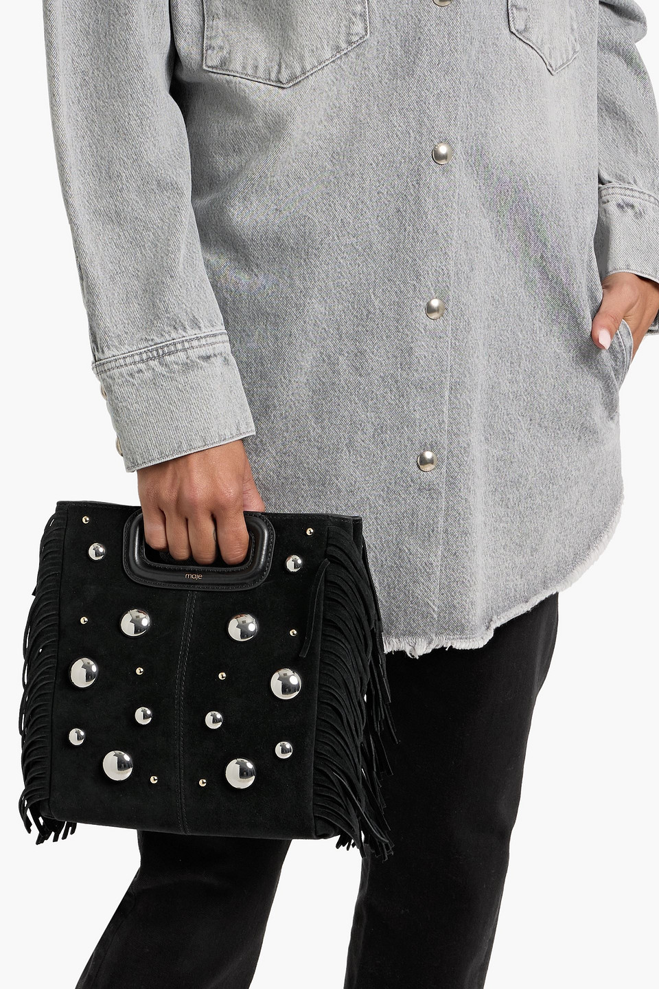 Maje Studded Fringed Suede Tote In Black