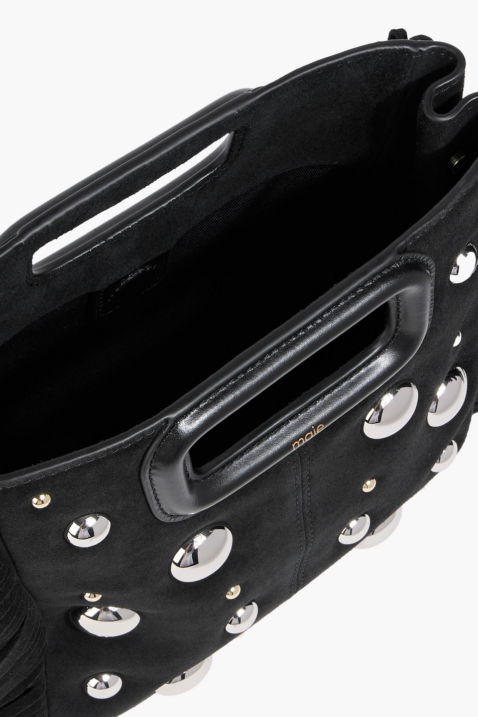 Maje Studded Fringed Suede Tote In Black