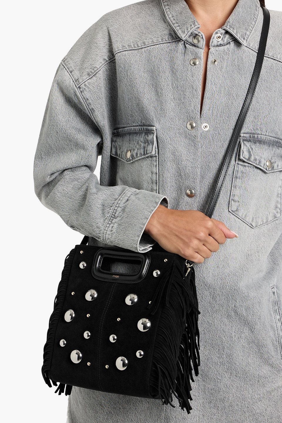 Maje Studded Fringed Suede Tote In Black