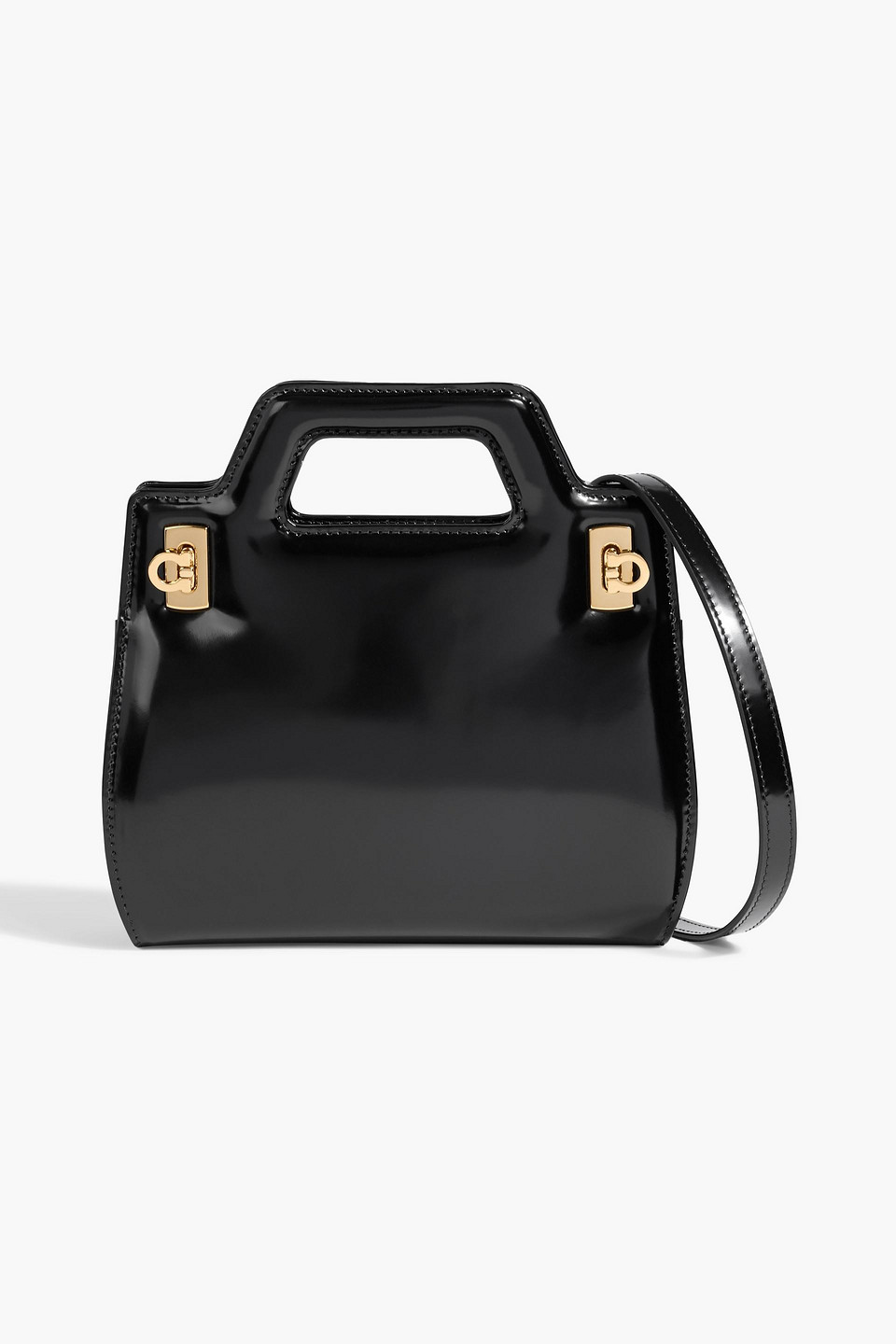 Ferragamo Wanda Glossed-leather Tote In Black