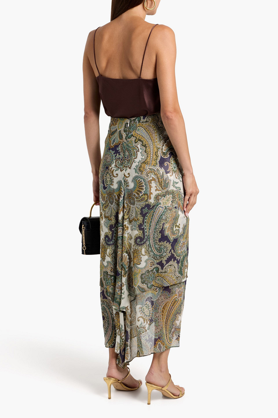 Veronica Beard Sira Ruched Paisley-print Silk-chiffon Midi Skirt In Brown