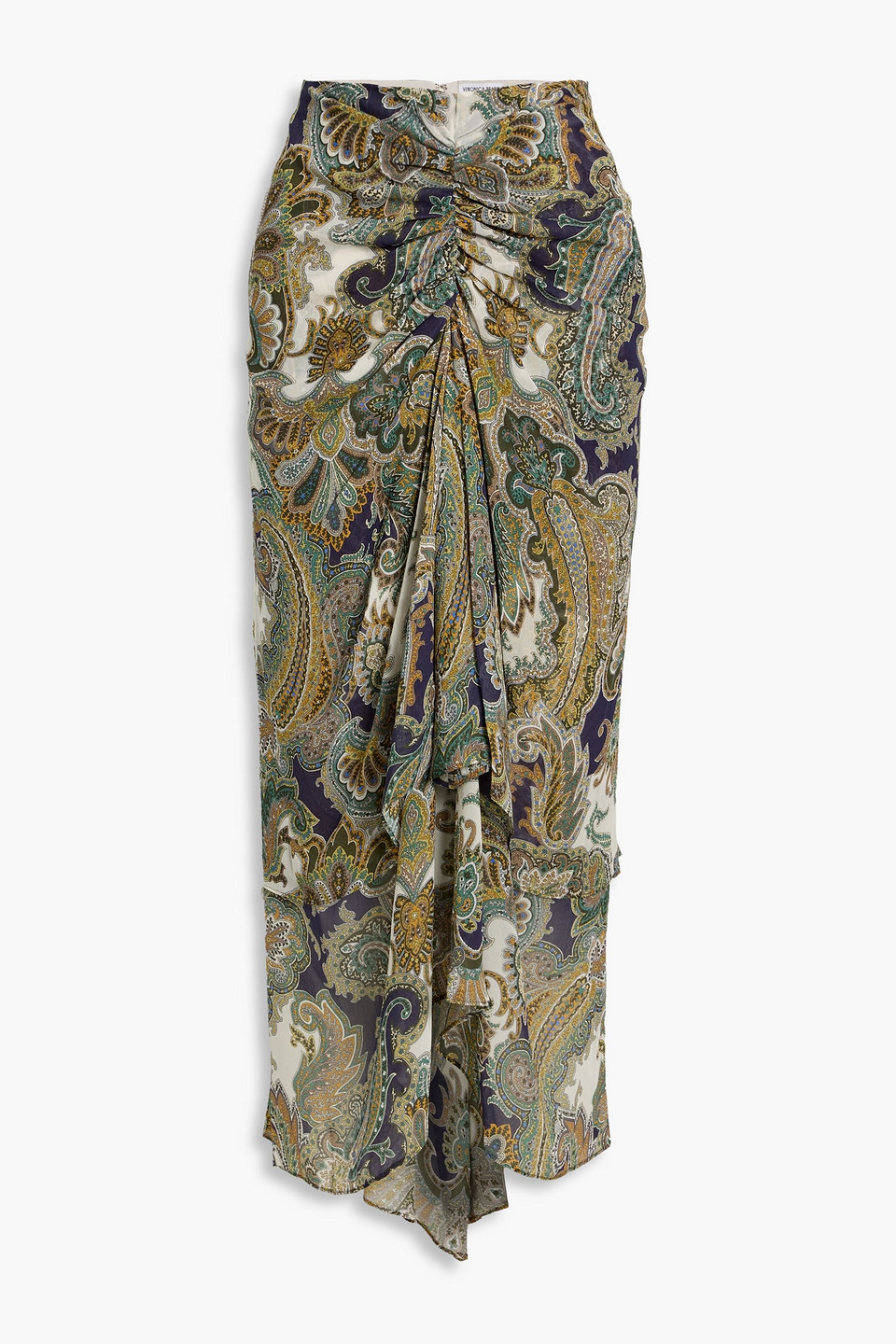 Veronica Beard Sira Ruched Paisley-print Silk-chiffon Midi Skirt In Green