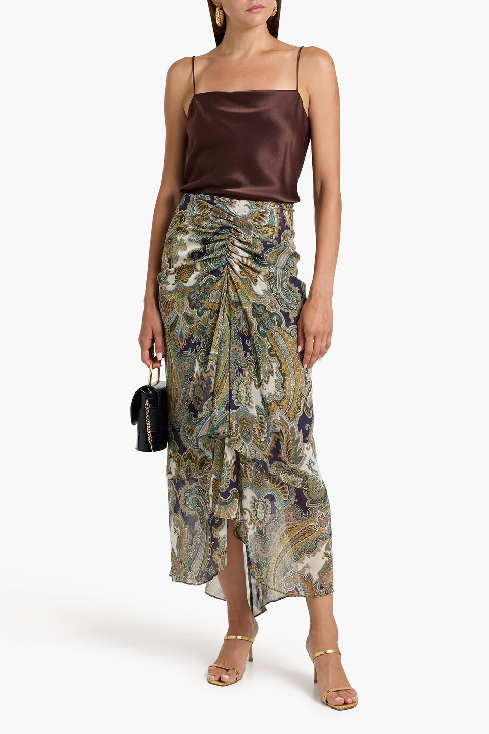 Veronica Beard Sira Ruched Paisley-print Silk-chiffon Midi Skirt In Brown